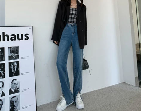 温姗开叉牛仔裤女2021春秋新款直筒高腰显...