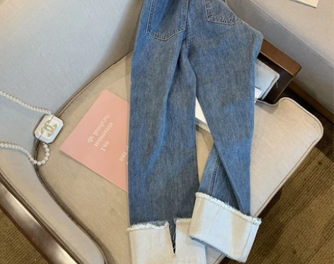 大码卷边直筒开叉牛仔裤女梨形身材显瘦胖妹妹...