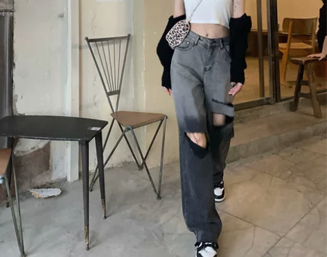 大码胖妹妹渐变色破洞牛仔裤女春夏新款高腰显...