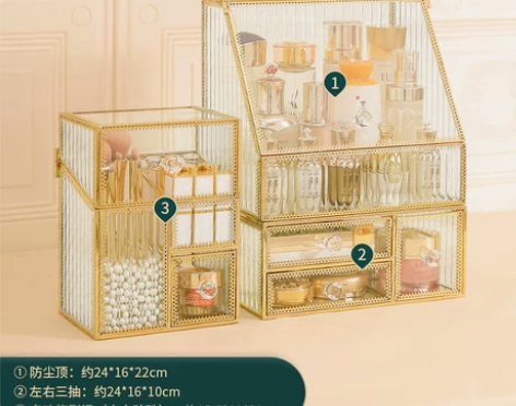高级化妆品收纳盒铜玻璃桌面轻奢口红护肤品梳...