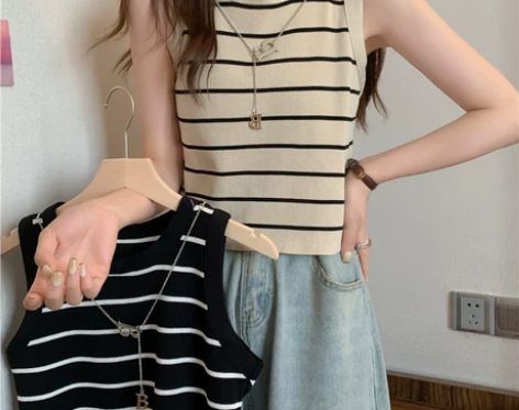 春秋打底衬衫内搭条纹针织背心吊带女大码胖m...