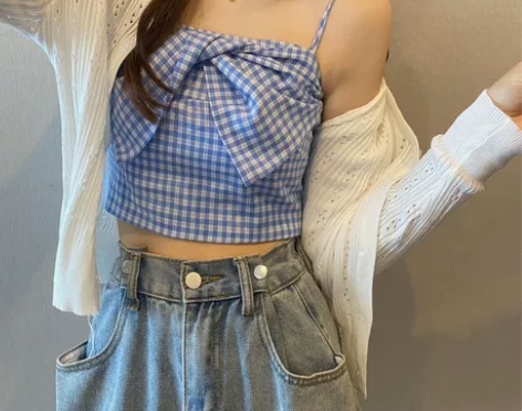 蝴蝶结格子小吊带背心女夏设计感小众外穿潮修...