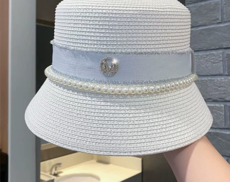 珍珠水钻M标草帽女夏季海边名媛小香风帽子遮...