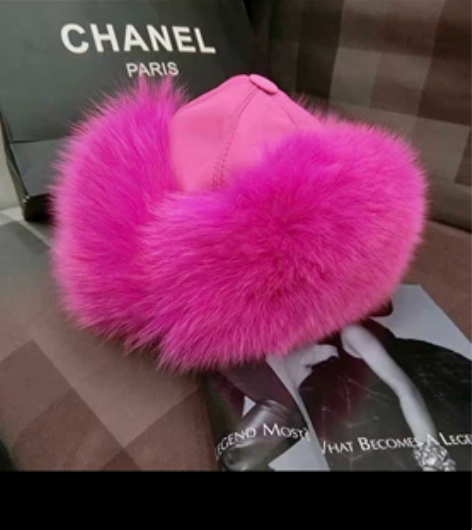 狐狸毛雷锋帽女,护耳皮草帽子,枚粉色95新...