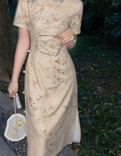 新中式收腰雪纺连衣裙女夏短袖印花改良旗袍裙