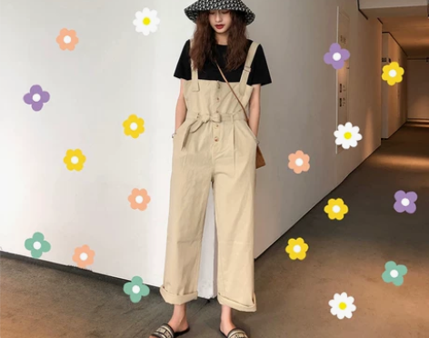 休闲工装连体裤女夏高腰阔腿裤宽松显瘦直筒裤...