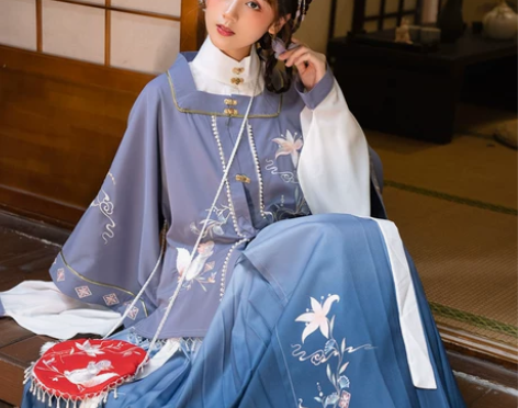 清梳原创松连枝汉服女明制方领半袖刺绣百迭裙...