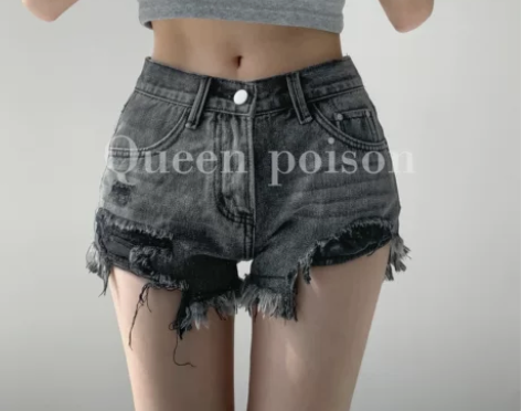 ?辣妹小众做旧磨破牛仔短裤女宽松百搭直筒阔...