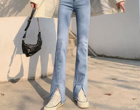 前开叉微喇叭牛仔裤女士2021年新款春装高...