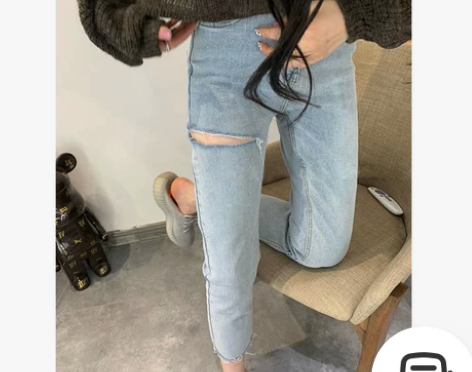 破洞牛仔裤夏适合胯骨宽的chic港味裤子高...