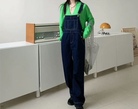 温姗减龄少女显瘦韩版ins风阔腿背带裤牛仔...