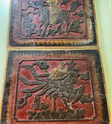 老木雕浅浮雕花板 麒麟送子 品相如图 民...