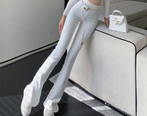 白色西装裤春秋冬高腰加绒微喇叭鱼尾马蹄超模...