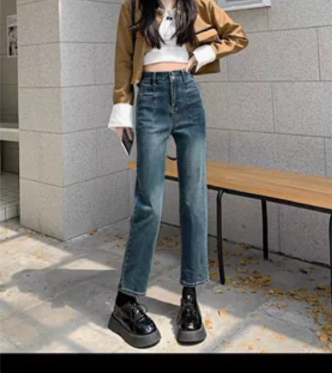 温姗韩版复古多口袋排扣设计弹力高腰牛仔裤女...