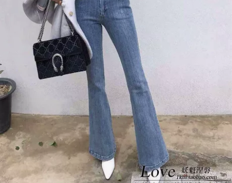 早春新款磨毛高腰复古牛仔裤喇叭裤 L码 1...