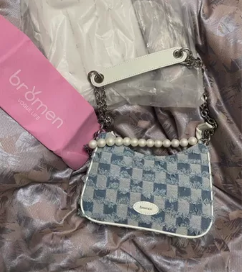 Bromen不莱玫 珍珠腋下包女复古格子包...