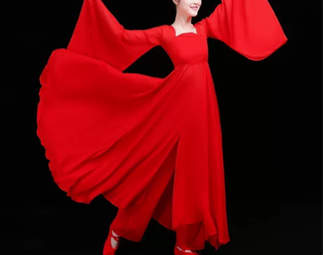 红色广袖大摆舞蹈演出服一套 袖子好像比图片...