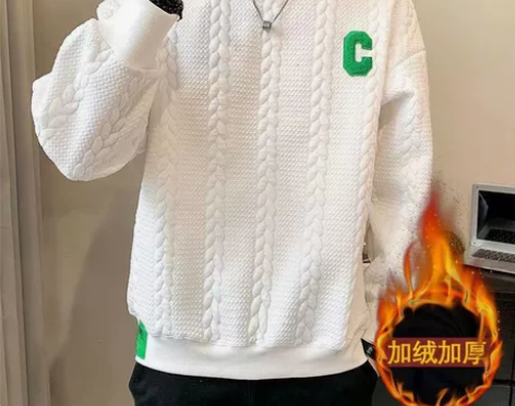 加绒加厚高级感港风麻花条纹白色卫衣男ins...