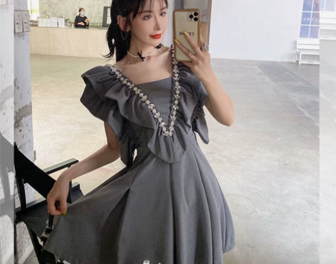 重工钉钻名媛连衣裙2021夏季气质甜美荷叶...