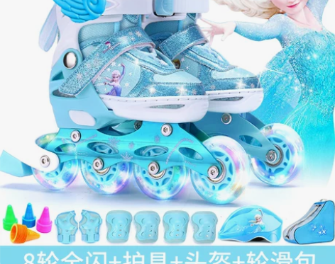 迪士尼溜冰鞋儿童夏全套装旱冰女童小孩初学者...