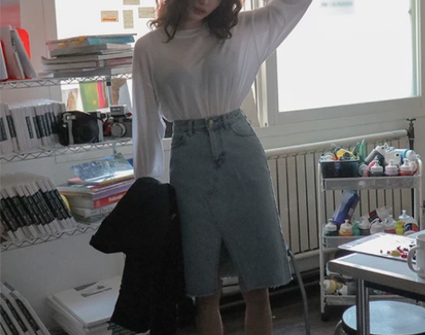 ?韩国chic复古显瘦百搭高腰豁口下开叉毛...