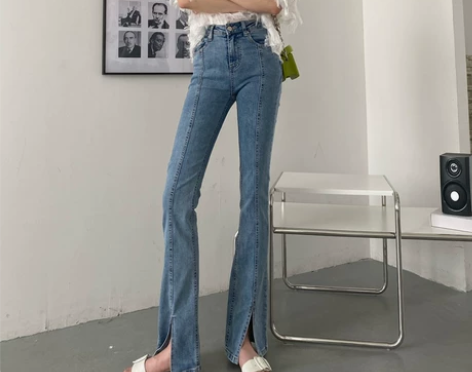 ?170加长高腰前开叉微喇叭牛仔裤女175...