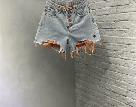夏季牛仔短裤女新款大码宽松撞色口袋单排扣a...