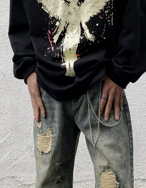 破洞牛仔裤 破洞牛仔裤直筒裤复古补丁男