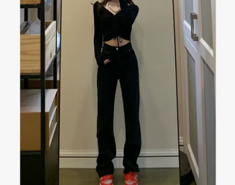 长裤高腰黑色高腰加绒牛仔裤女直筒chic秋...