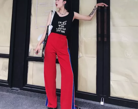 艺大可 春夏新款宽松校服裤女开叉高腰运动休...