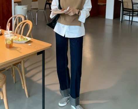 布琳家深蓝色翻边阔腿牛仔裤女春新款卷边宽松...
