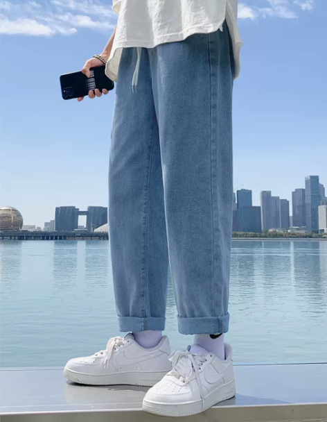 牛仔裤 牛仔长裤冬季加绒加厚男九分宽松直筒...