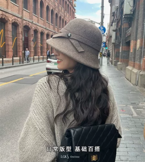日系休闲羊毛蝴蝶结法式礼帽保暖盆帽女秋冬保...