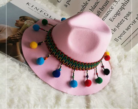 韩国东大门英伦礼帽新款时尚彩球流苏毛呢帽爵...