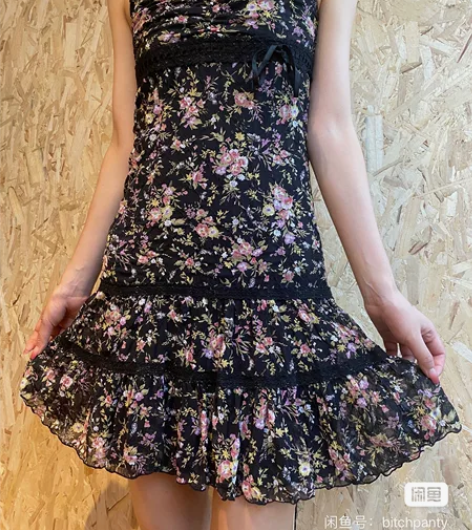 日牌vintage古着 黑色复古碎花雪纺吊...