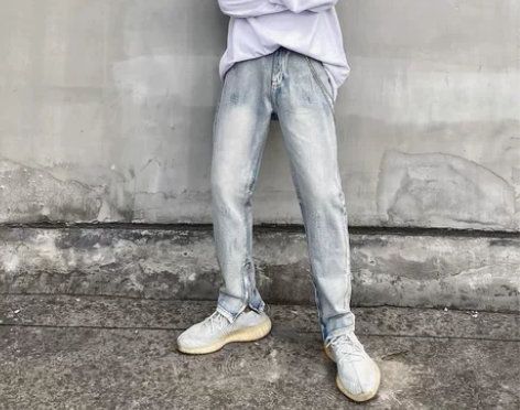 高街复古水洗浅色牛仔裤男美式修身小脚拉链 ...