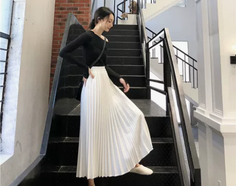 秋高腰大摆裙A字裙白色过膝中长款仙女裙百褶...