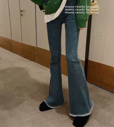 MONA新款秋冬加绒微喇叭裤牛仔裤女垂感高...