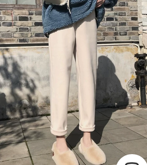 毛呢裤女秋冬加绒加厚高腰宽松休闲萝卜哈伦裤...