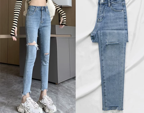 复古高腰膝盖破洞牛仔裤女2022年秋季新款...
