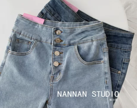 欧美风超高腰单排扣牛仔裤女秋冬紧身显瘦小脚...