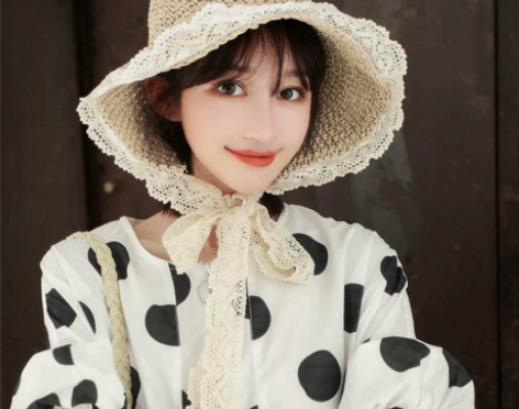 夏天沙滩帽蕾丝草帽女系带遮阳帽防晒旅游度假...