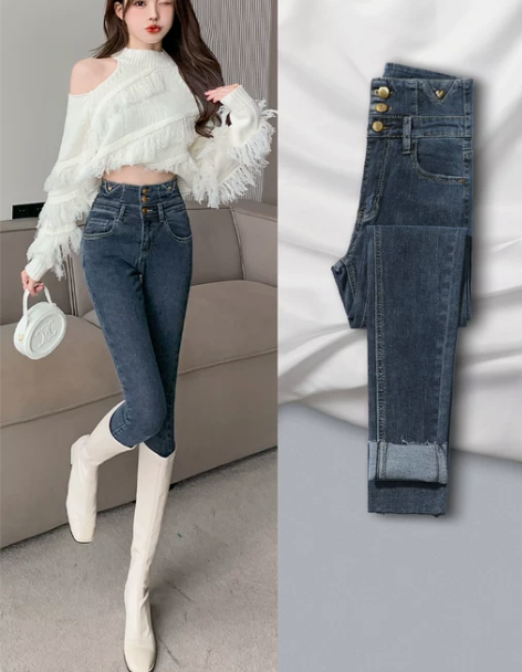 高腰小脚牛仔裤女秋冬2022年新款修身紧身...