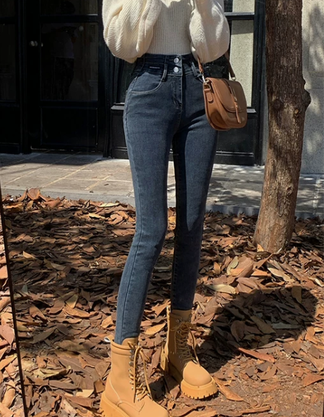 牛仔裤女 牛仔裤女裤高腰加绒女小脚裤秋冬季...