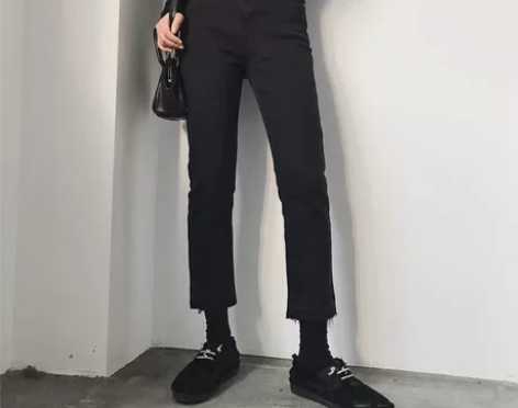 黑色弹力直筒牛仔裤女春秋大码胖mm高腰显瘦...