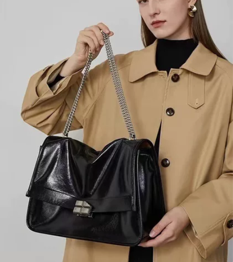 【西木汀同款】牛皮链条托特包女大容量单肩通...