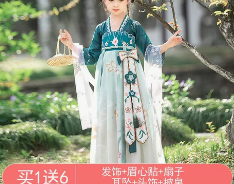 汉服女童夏季薄款短袖古风连衣裙春秋女孩古装...