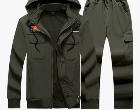 迷彩服加绒套装男连帽黑废墟防水加厚劳保工作...