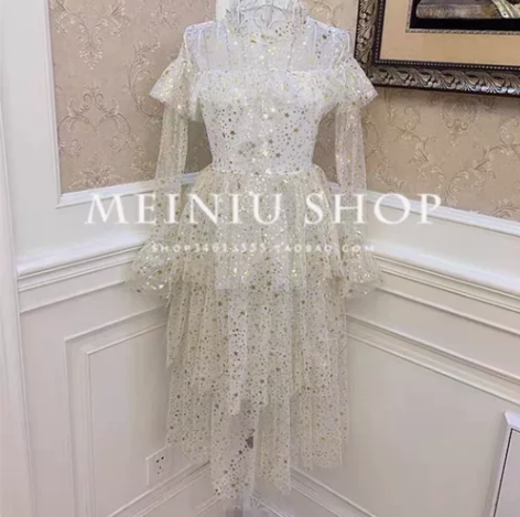 名媛风度假公主BLING闪星星蛋糕喇叭袖荷...