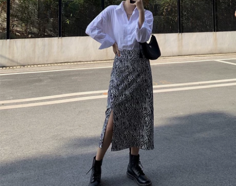 高腰复古包臂显瘦一步裙中长款秋季斑马纹开叉...